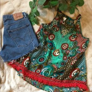 Floral Boho Umgee tank top with Fringe. Small